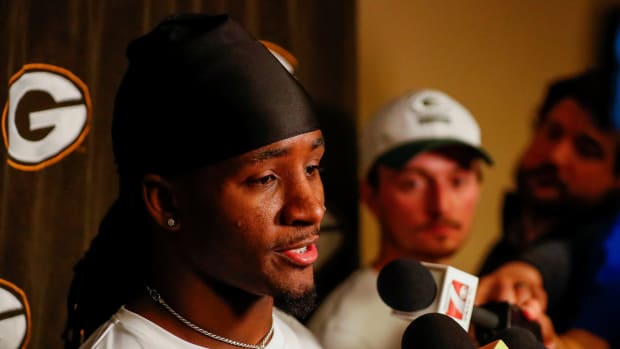 Green Bay Packers rookie wide receiver Savion Williams is interviewed by the media during rookie minicamp on Friday, May 2, 2025, at Lambeau Field in Green Bay, Wisconsin. The Packers selected Williams with their third round pick in the 2025 NFL Draft. 