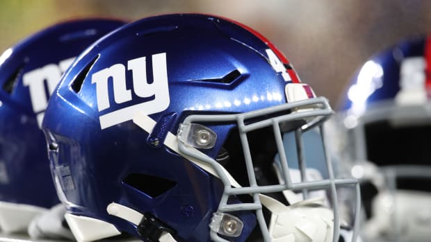 Oct 28, 2024; Pittsburgh, Pennsylvania, USA; New York Giants helmets on the sidelines against the Pittsburgh Steelers during the third quarter at Acrisure Stadium.