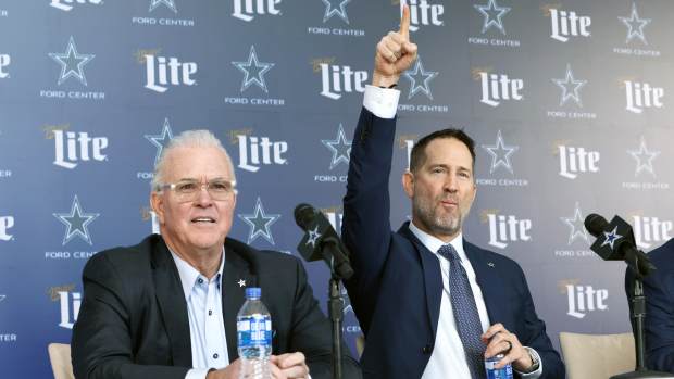Dallas Cowboys CEO Stephen Jones and head coach Brian Schottenheimer speak to the media at a press conference at the Star.