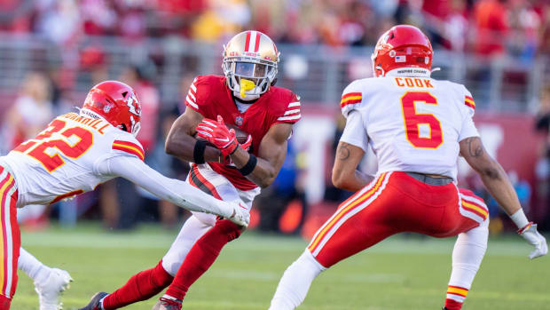 San Francisco 49ers wide receiver Ray-Ray McCloud III (3) celebrates after  a touchdown in the first quarter against the Kansas City Chiefs during an  NFL football game, Sunday, Oct. 23, 2022 in