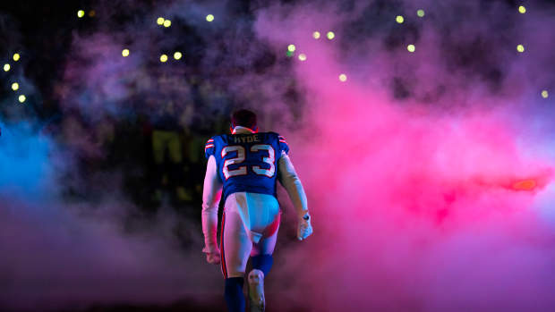 Jan 21, 2024; Orchard Park, New York, USA; Buffalo Bills safety Micah Hyde (23) against the Kansas City Chiefs in the 2024 AFC divisional round game at Highmark Stadium