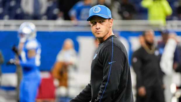 Detroit Lions offensive coordinator Ben Johnson watches warm up before the Tennessee Titans game at Ford Field in Detroit on Sunday, Oct. 27, 2024.  