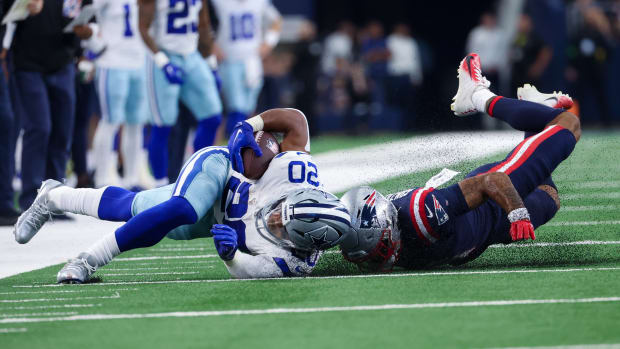 Dallas Cowboys safety Damontae Kazee (18) defends during the second half of  an NFL football game against the New England Patriots, Sunday, Oct. 17,  2021, in Foxborough, Mass. (AP Photo/Stew Milne Stock