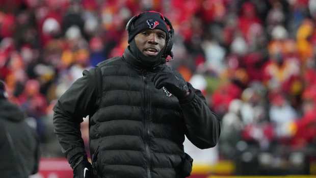 Jan 18, 2025; Kansas City, Missouri, USA; Houston Texans head coach DeMeco Ryans reacts during the third quarter of a 2025 AFC divisional round game against the Kansas City Chiefs at GEHA Field at Arrowhead Stadium.