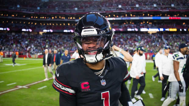 Dec 8, 2024; Glendale, Arizona, USA; Arizona Cardinals quarterback Kyler Murray (1) reacts as he walks off the field following the game against the Seattle Seahawks at State Farm Stadium.
