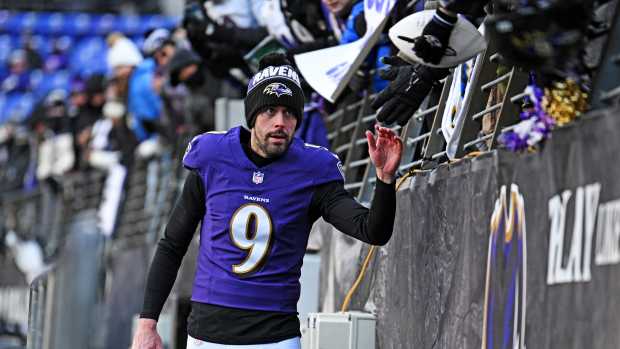 Jan 4, 2025; Baltimore, Maryland, USA; Baltimore Ravens place kicker Justin Tucker (9) arrives before the game against the Cleveland Browns at M&T Bank Stadium.