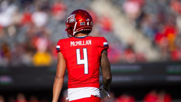 Nov 30, 2024; Tucson, Arizona, USA; Detailed view of the jersey of Arizona Wildcats wide receiver Tetairoa McMillan (4) against the Arizona State Sun Devils during the Territorial Cup at Arizona Stadium.