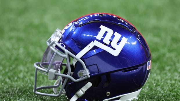 Dec 17, 2023; New Orleans, Louisiana, USA; A detailed view of a New York Giants helmet before the game against the New Orleans Saints at Caesars Superdome.