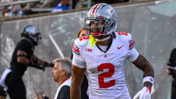 Oct 12, 2024; Eugene, Oregon, USA; Ohio State Buckeyes wide receiver Emeka Egbuka (2) catches a pass for a touchdown during the second quarter against the Oregon Ducks at Autzen Stadium.