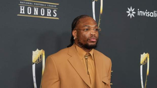 Feb 6, 2025; New Orleans, LA, USA; Derrick Henry on the red carpet before Super Bowl LIX NFL Honors at Saenger Theatre. Mandatory Credit: Kirby Lee-Imagn Images
