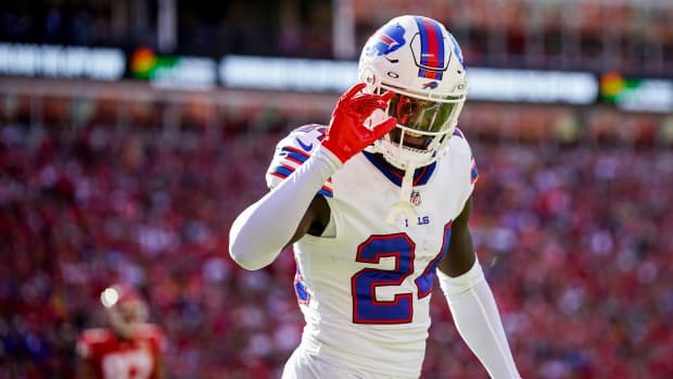 Buffalo Bills cornerback Kaiir Elam (24) waves to fans after an interception against the Kansas City Chiefs during the first half at GEHA Field at Arrowhead Stadium.