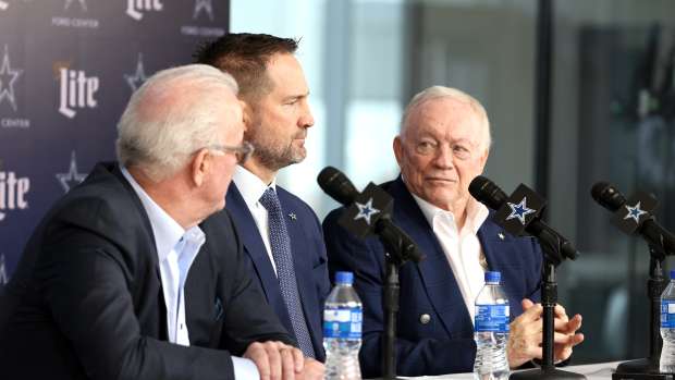 Dallas Cowboys CEO Stephen Jones, head coach Brian Schottenheimer and owner Jerry Jones speak to the media at a press conference at the Star.