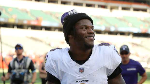Oct 6, 2024; Cincinnati, Ohio, USA; Baltimore Ravens quarterback Lamar Jackson (8) celebrates after the game against the Cincinnati Bengals at Paycor Stadium.
