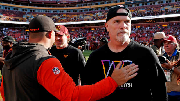 Oct 6, 2024; Landover, Maryland, USA; Washington Commanders head coach Dan Quinn walks off the field after defeating the Cleveland Browns at NorthWest Stadium.