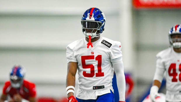New York Giants linebacker Abdul Carter (51) warms up during minicamp at Quest Diagnostics Training Center.