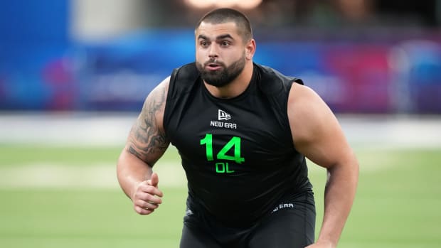 Mar 2, 2025; Indianapolis, IN, USA; Georgia offensive lineman Dylan Fairchild (OL14) during the 2025 NFL Combine at Lucas Oil Stadium.