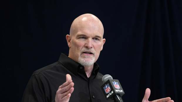 Feb 27, 2025; Indianapolis, IN, USA; Washington Commanders coach Dan Quinn speaks during the 2025 NFL Scouting Combine at the Indiana Convention Center.