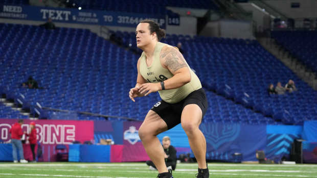 North Carolina State offensive lineman Dylan McMahon (OL49) during the 2024 NFL Scouting Combine at Lucas Oil Stadium.