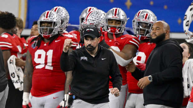 Ohio State Buckeyes head coach Ryan Day celebrates during the game against the Texas Longhorns at AT&T Stadium.