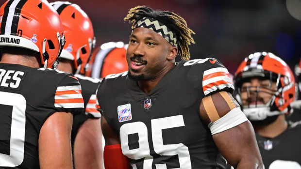 Cleveland Browns defensive end Myles Garrett (95) smiles before the game against the Cincinnati Bengals at FirstEnergy Stadium.