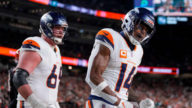 Broncos WR Courtland Sutton (14) celebrates a touchdown catch in the third quarter against the Bengals.
