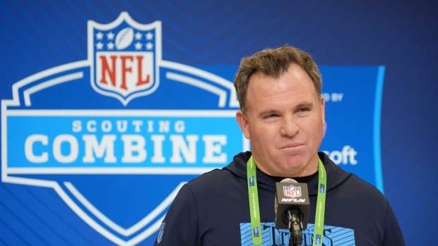 Feb 25, 2025; Indianapolis, IN, USA; Tennessee Titans general manager Mike Borgonzi speaks during the NFL Scouting Combine at the Indiana Convention Center. Mandatory Credit: Kirby Lee-Imagn Images