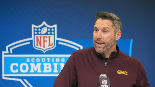 Feb 25, 2025; Indianapolis, IN, USA; Washington Commanders general manager Adam Peters speaks during the NFL Scouting Combine at the Indiana Convention Center.