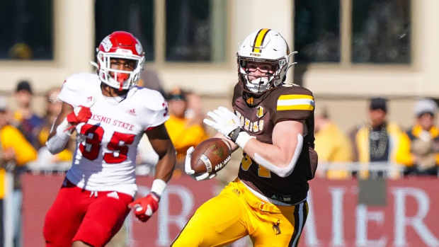 Wyoming Cowboys tight end Treyton Welch (81) makes a catch and runs against the Fresno State Bulldogs during the secondt quarter at Jonah Field at War Memorial Stadium.