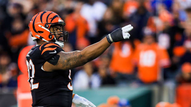 Dec 28, 2024; Cincinnati, Ohio, USA; Cincinnati Bengals defensive tackle B.J. Hill (92) reacts after a play against the Denver Broncos in the first half at Paycor Stadium.