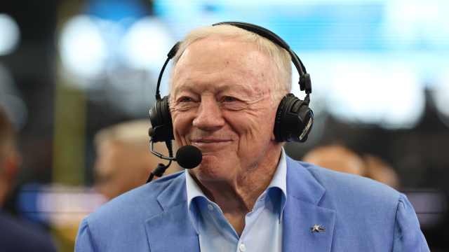 Cowboys owner Jerry Jones talks to the media before the game against the Los Angeles Chargers at AT&T Stadium.
