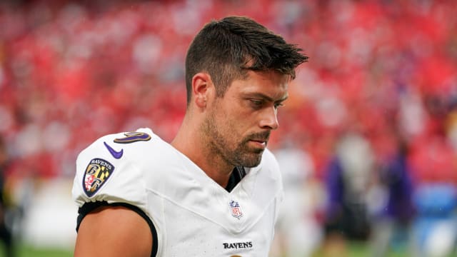 Sep 5, 2024; Kansas City, Missouri, USA; Baltimore Ravens kicker Justin Tucker (9) warms up against the Kansas City Chiefs prior to a game at GEHA Field at Arrowhead Stadium.