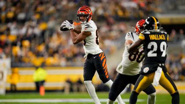 Cincinnati Bengals wide receiver Tyler Boyd (83) catches a pass in the first quarter of the NFL 16 game between the Pittsburgh Steelers and the Cincinnati Bengals at Acrisure Stadium in Pittsburgh on ...