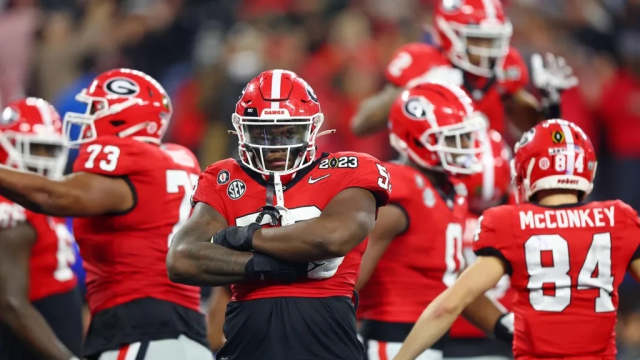 Georgia Bulldogs offensive lineman Jared Wilson (55) reacts after a play against the TCU Horned Frogs during the second quarter of the CFP national championship game at SoFi Stadium.