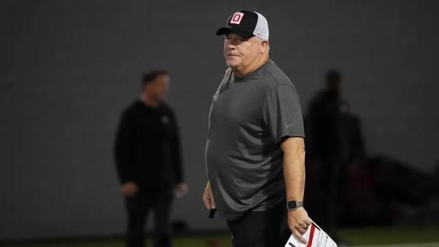 Ohio State Buckeyes offensive coordinator Chip Kelly watches players during spring football practice at the Woody Hayes Athletic Center.