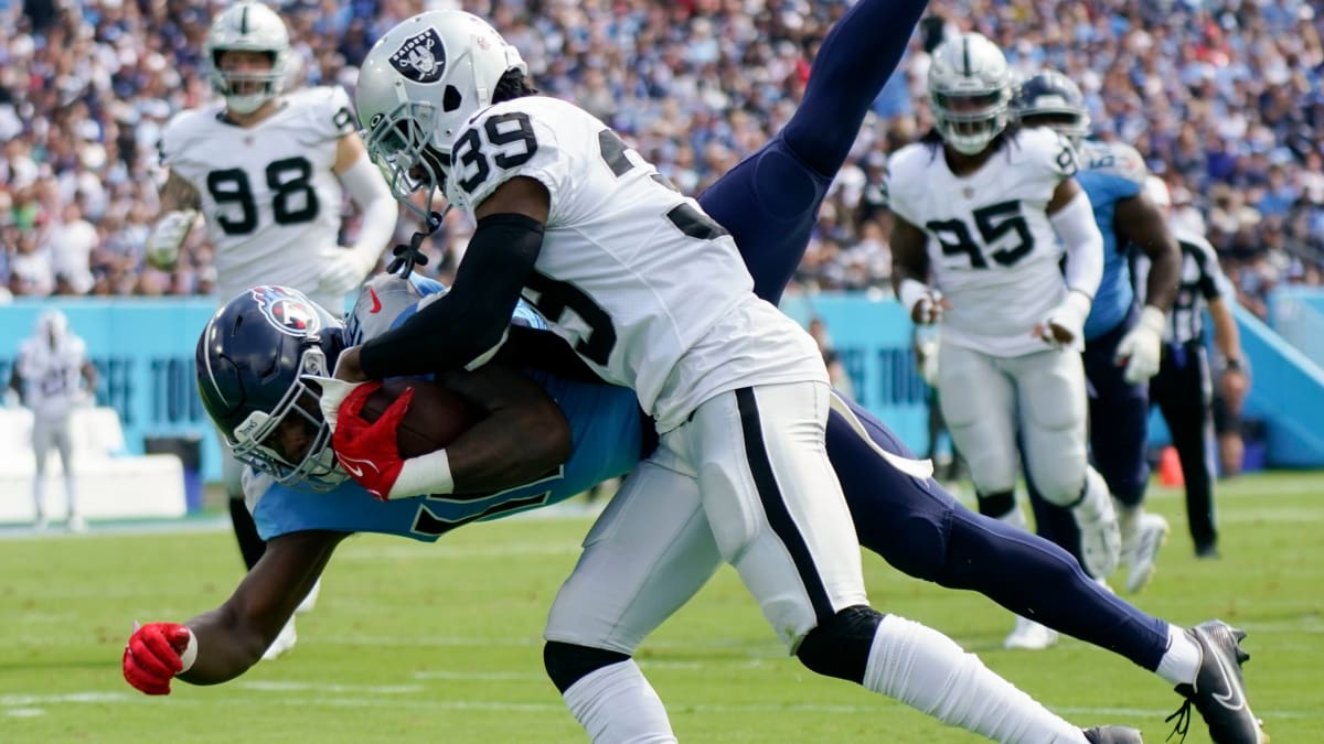 Las Vegas Raiders cornerback Nate Hobbs (39) runs during an NFL