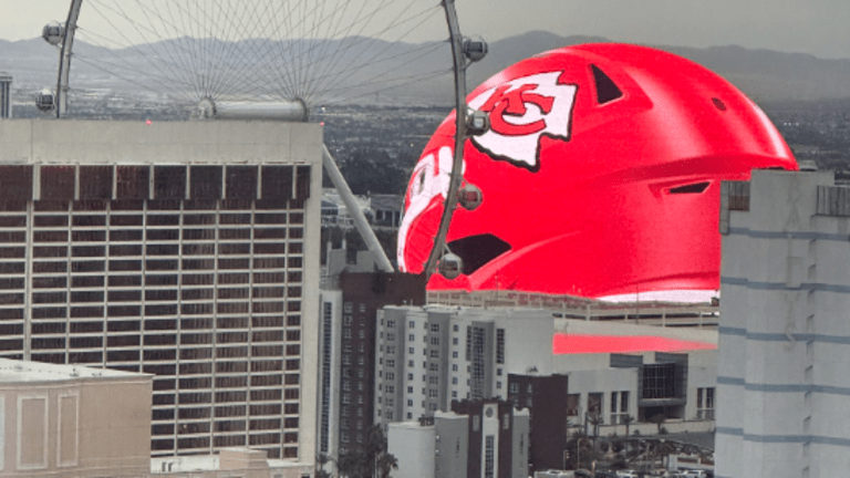 Las Vegas Sphere is lit up as Chiefs' helmet