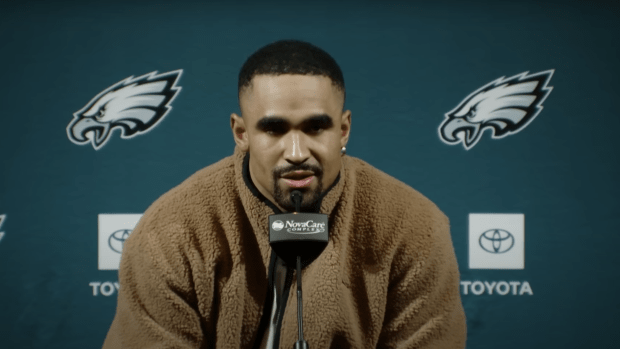 Philadelphia Eagles quarterback Jalen Hurts speaks to media ahead of Super Bowl LIX.