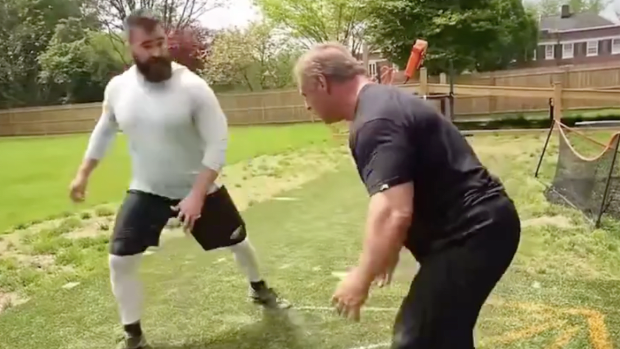 Philadelphia Eagles center Jason Kelce shows off coaching skills