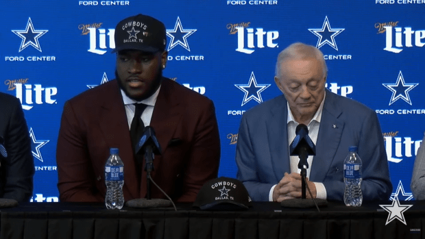 Tyler Booker talks to the media after becoming Dallas Cowboys' first-round pick in the 2025 NFL Draft.