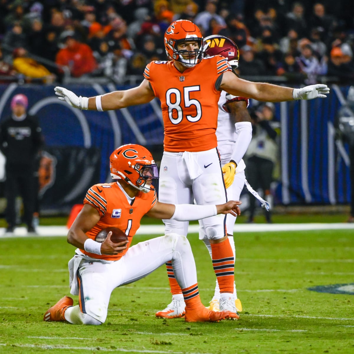 Chicago Bears tight end Cole Kmet works on the field during NFL