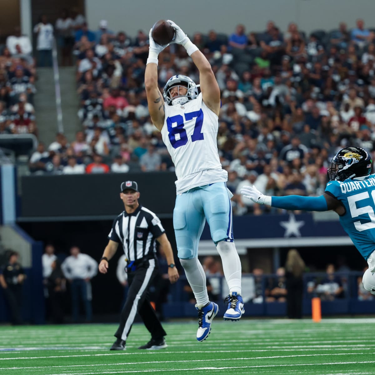 Dallas Cowboys tight end Jake Ferguson (87) is seen after an NFL football  game against the New York Giants, Thursday, Nov. 24, 2022, in Arlington,  Texas. Dallas won 28-20. (AP Photo/Brandon Wade