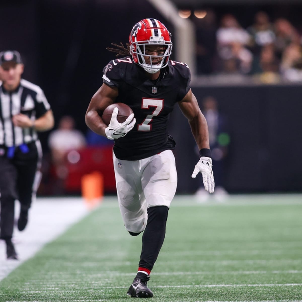 Atlanta Falcons first-round draft pick Bijan Robinson poses for a photo  before an NFL football news conference at the team's training facility in  Flowery Branch, Ga., Friday, April 28, 2023. (AP Photo/Ben