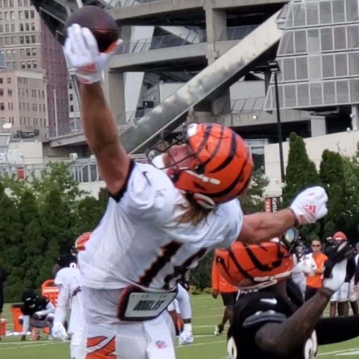 Cincinnati Bengals wide receiver Trenton Irwin (16) celebrates his  touchdown in the second half during an NFL football game against the  Cleveland Browns, Sunday, Dec. 11, 2022, in Cincinnati. (AP Photo/Emilee  Chinn