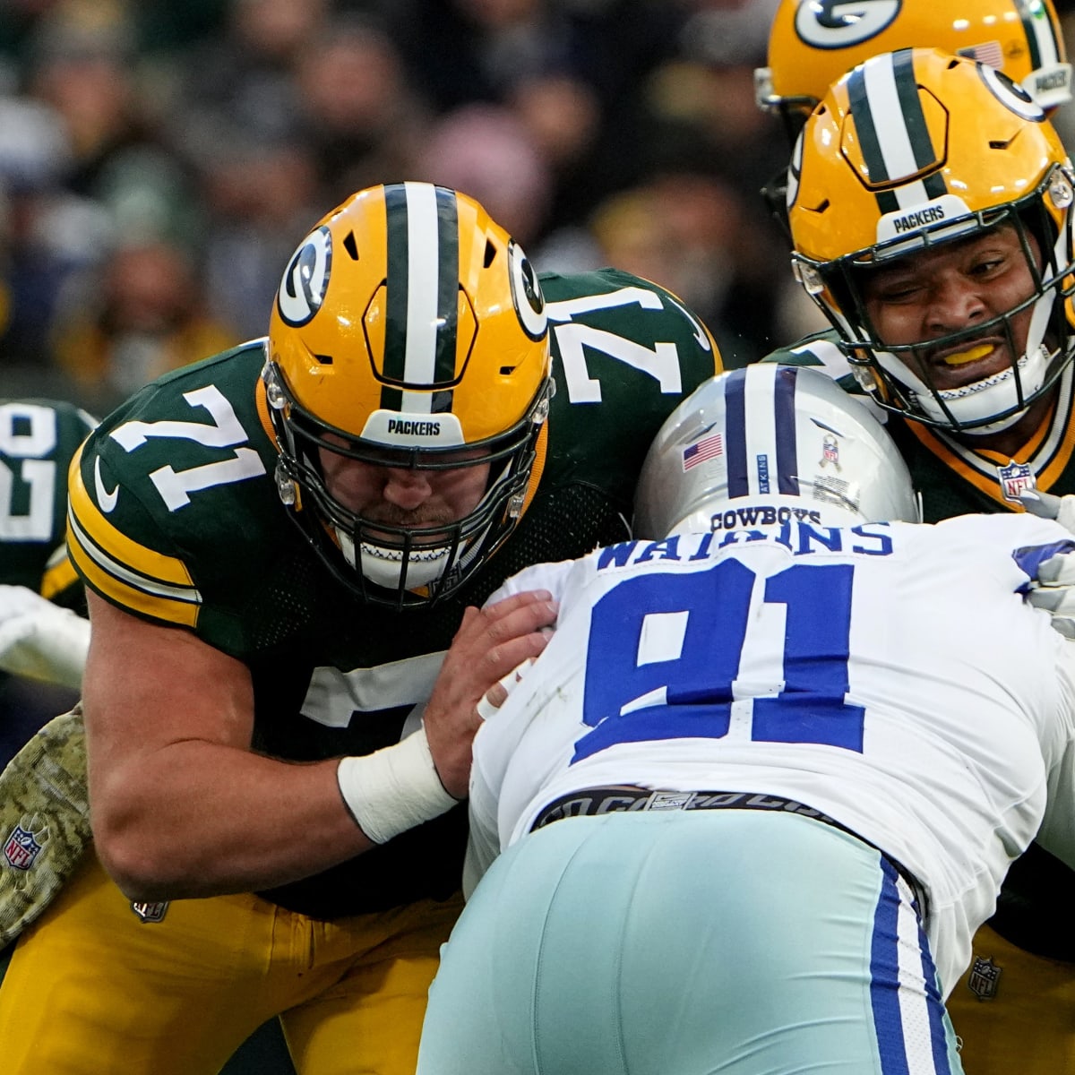 Green Bay Packers center Josh Myers (71) plays against the Detroit