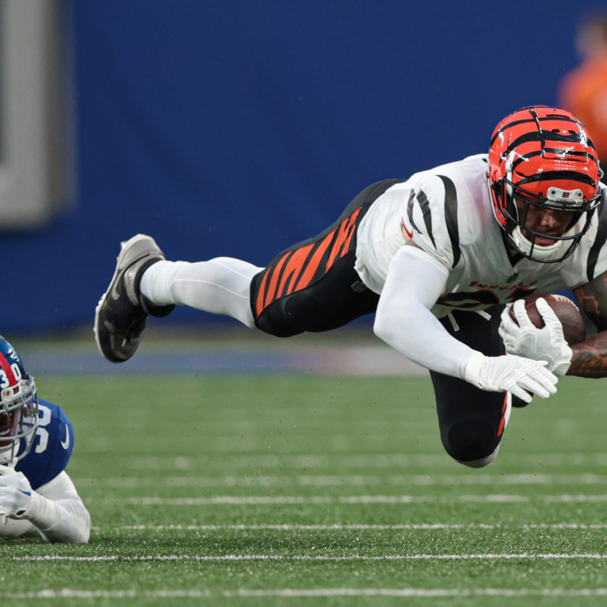 Cincinnati Bengals tight end Thaddeus Moss (81) reacts after his touchdown  is waived off as incomplete during a preseason NFL football game against  the Los Angeles Rams Saturday, Aug. 27, 2022, in