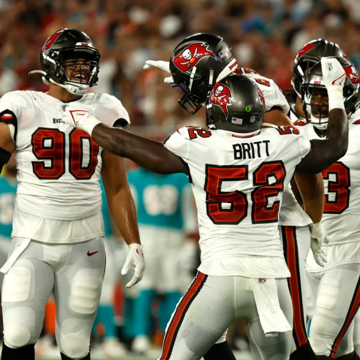 TAMPA, FL - AUGUST 13: Tampa Bay Buccaneers linebacker Andre Anthony (46)  rushes the passer during the preseason game between the Miami Dolphins and  the Tampa Bay Buccaneers on August 13, 2022