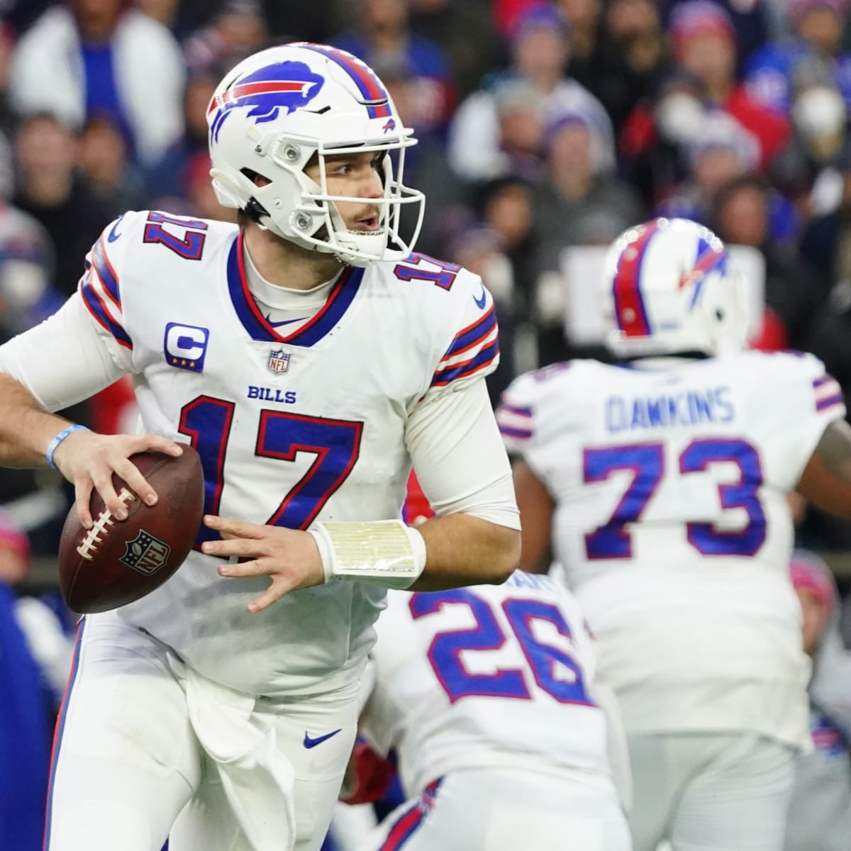 Buffalo Bills offensive tackle Dion Dawkins (73) prepares to block New  England Patriots linebacker Matthew Judon (9) during the second half of an  NFL football game on Sunday, Jan. 8, 2023, in