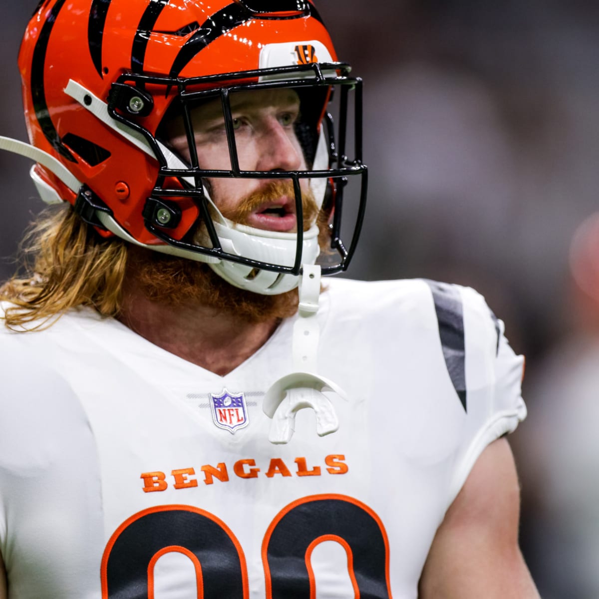 CINCINNATI, OH - JANUARY 08: Cincinnati Bengals tight end Hayden Hurst (88)  dives for a first down in a game between the Baltimore Ravens and the  Cincinnati Bengals on January 8, 2023