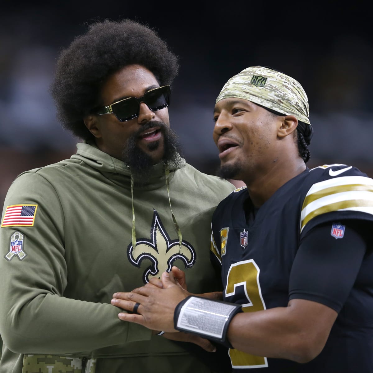 New Orleans Saints defensive end Cameron Jordan (94) signals during the  second half of an NFL football game against the Atlanta Falcons, Sunday,  Sep. 11, 2022, in Atlanta. The New Orleans Saints