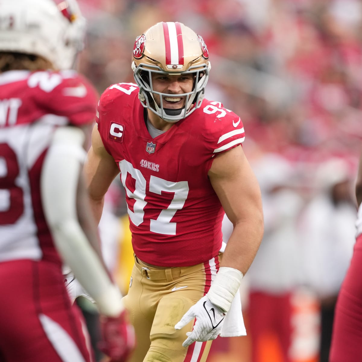 San Francisco 49ers defensive end Nick Bosa (97) reacts after a